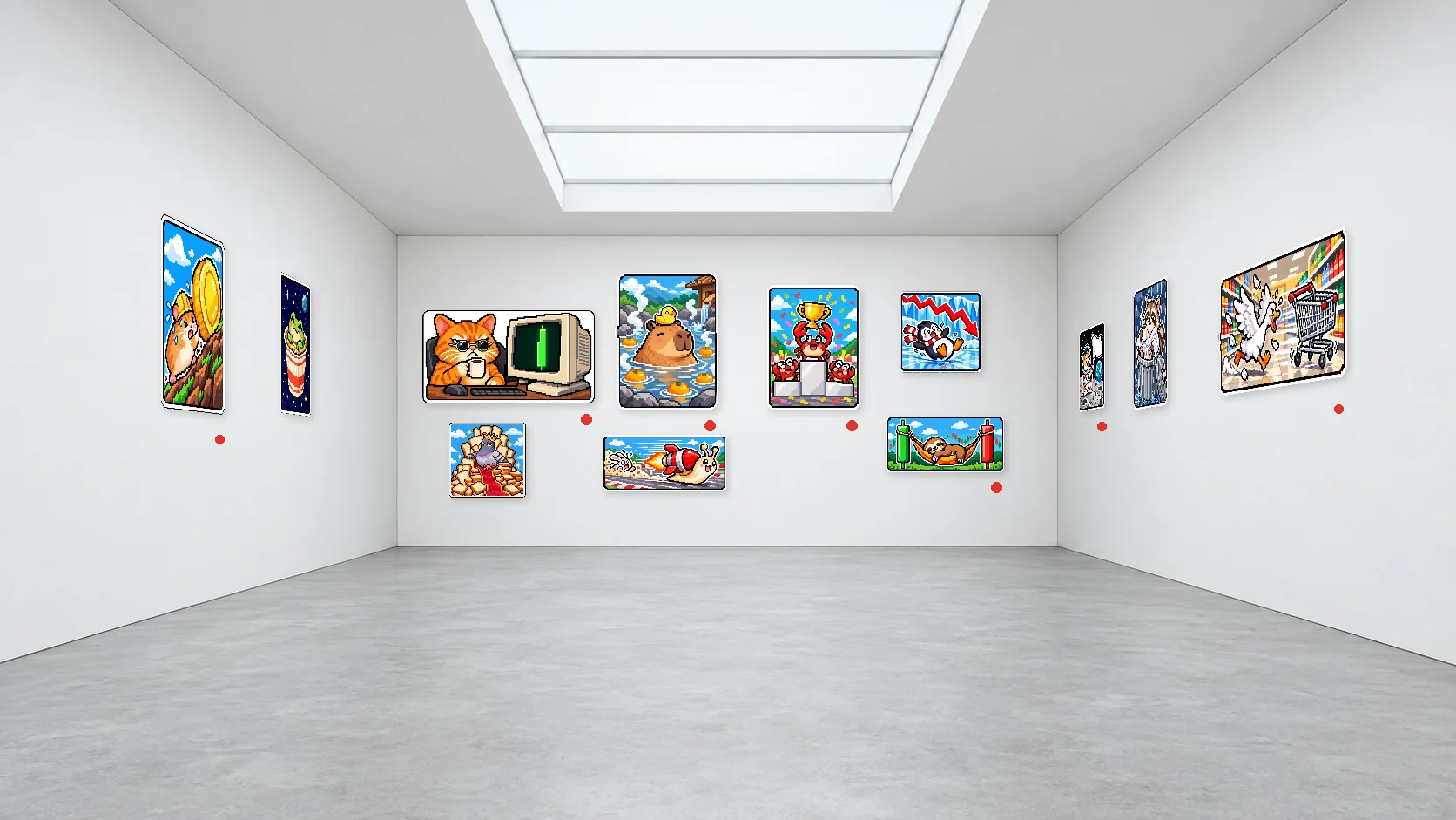 A white gallery room. Memes hang on the walls with red dots under them.